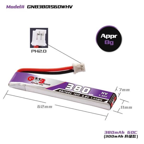 GNB Battery 3.8V 60C 380mAh 1S - PH2 Cable Connector - Image 3