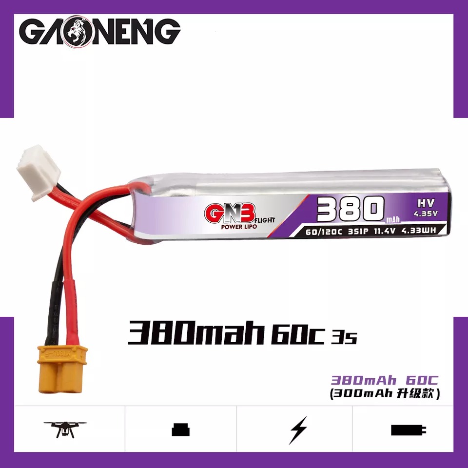 GNB Batteries GNB LiPo Battery 11.4V 60C 380mAh 3S HV, product image from Kiwiquads