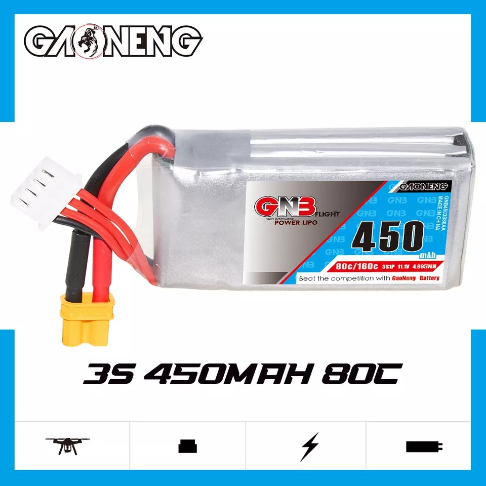 GNB Batteries GNB LiPo Battery 11.1V 80C 450mAh 3S, product image from Kiwiquads