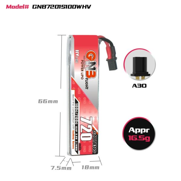 GNB Battery 3.8V 100C 720mAh 1S HV A30 Cable - Image 2