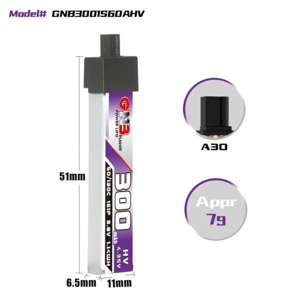 GNB Battery 3.8V 60C 300mAh 1S HV A30 Head Connector - Image 2