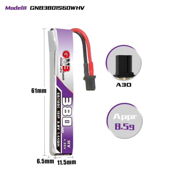GNB Battery 3.8V 60C 380mAh 1S HV A30 Cable - Image 2
