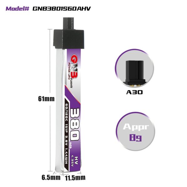 GNB Battery 3.8V 60C 380mAh 1S HV A30 Head Connector - Image 2