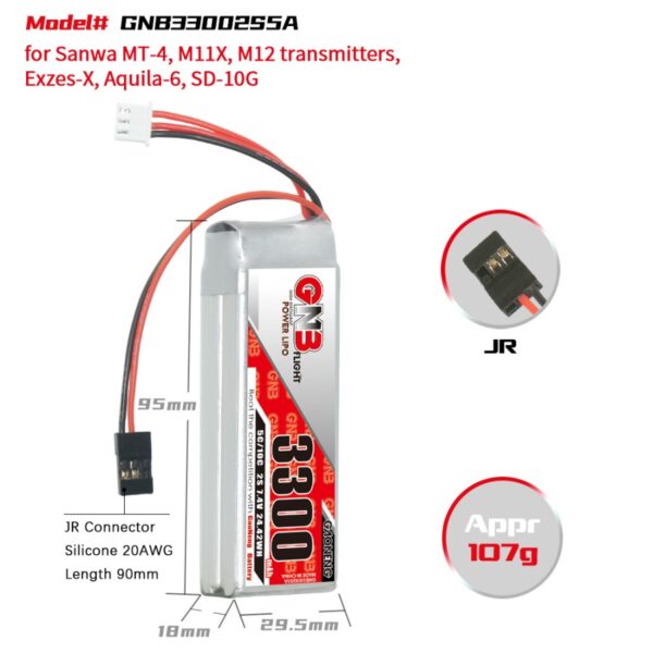 GNB Battery 7.4V 3300mAh 2S for Airtronics/Sanwa MT-4, M11X, M12 - Image 2