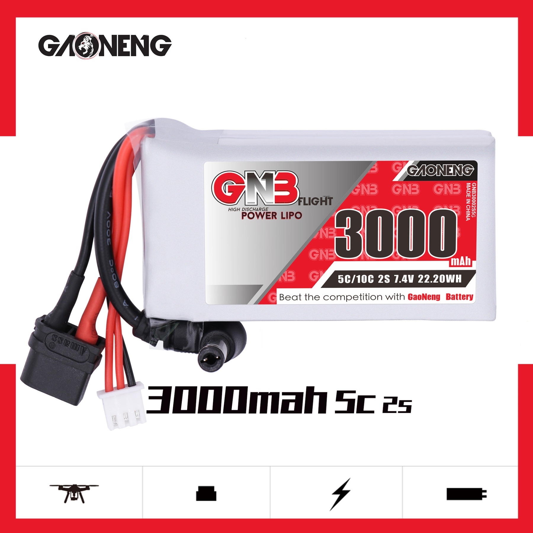 GNB Batteries GNB Battery 7.4V 5C 3000mAh 2S1P XT60 and DC5.5 for Goggles, product image from Kiwiquads