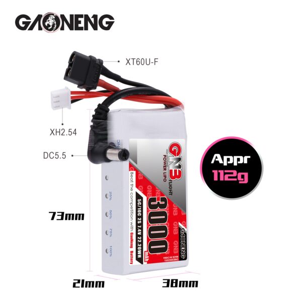 GNB Battery 7.4V 5C 3000mAh 2S1P XT60 and DC5.5 for Goggles - Image 2