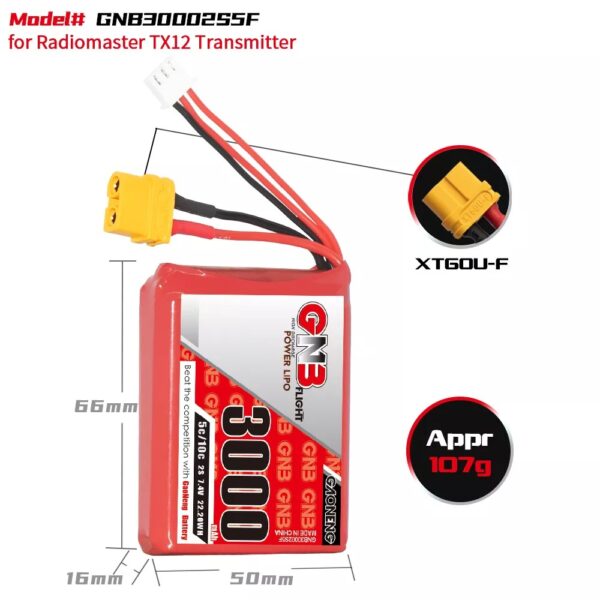 GNB Battery 7.4V 3000mAh 2S for Radiomaster TX12 Radio - Image 3