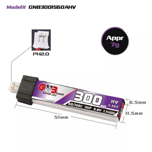GNB Battery 3.8V 60C 300mAh 1S – PH2 Head Connector - Image 3