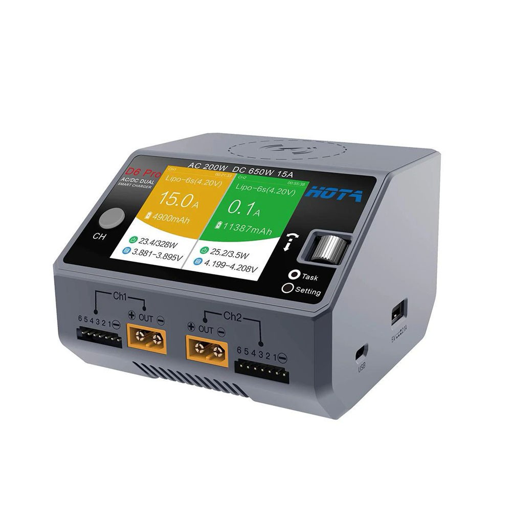 HOTA D6 Pro 325W 15A 1-6S Dual Channel AC/DC Smart Charger w/ Wireless Charging, product image from Kiwiquads