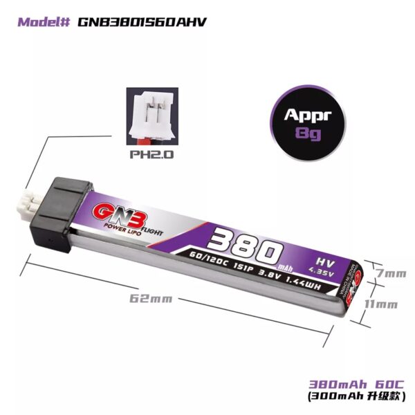 GNB Battery 3.8V 60C 380mAh 1S - PH2 Head Connector - Image 3