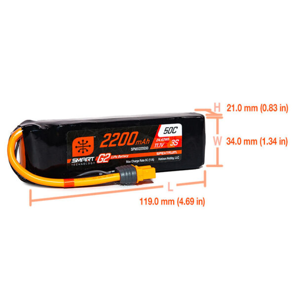 Spektrum 2200mAh 3S 11.1V Smart G2 LiPo 50C IC3 - Image 2