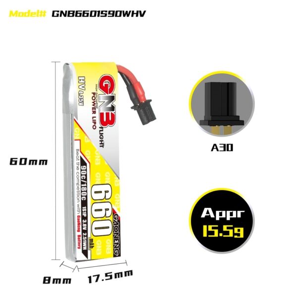 GNB Battery 3.8V 90C 660mAh 1S A30 Cabled LiPo Battery - 3