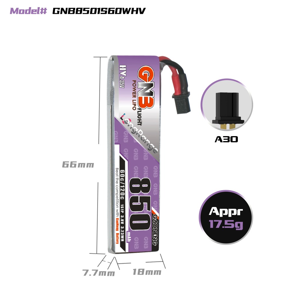 GNB Battery 3.8V 60C 850mAh 1S A30 Cable - 2