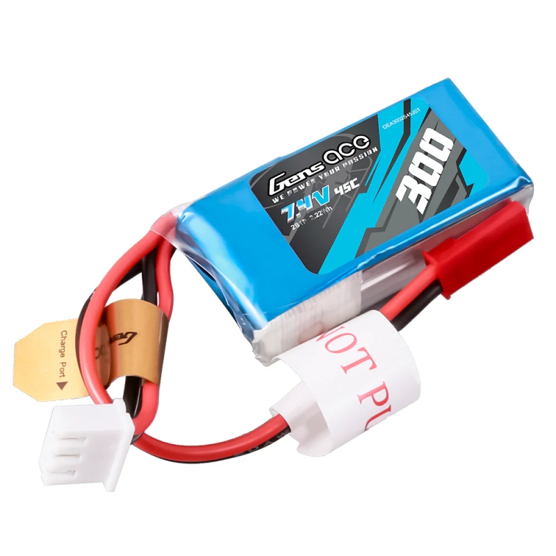 Gens Ace 300mAh 2S 7.4v 45C Lipo Battery with JST Plug and XH Balance 40x20x12mm 18g, product image from Kiwiquads
