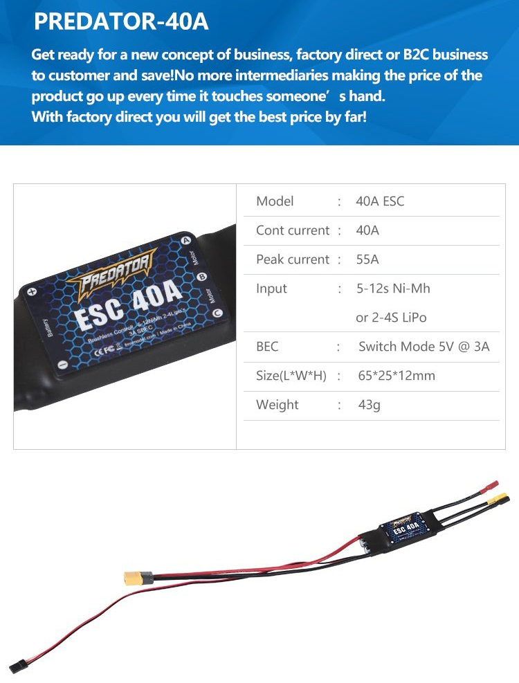 FMS 40A ESC with 200mm Input Cable, 3.5mm Motor Connector, XT60 - 2