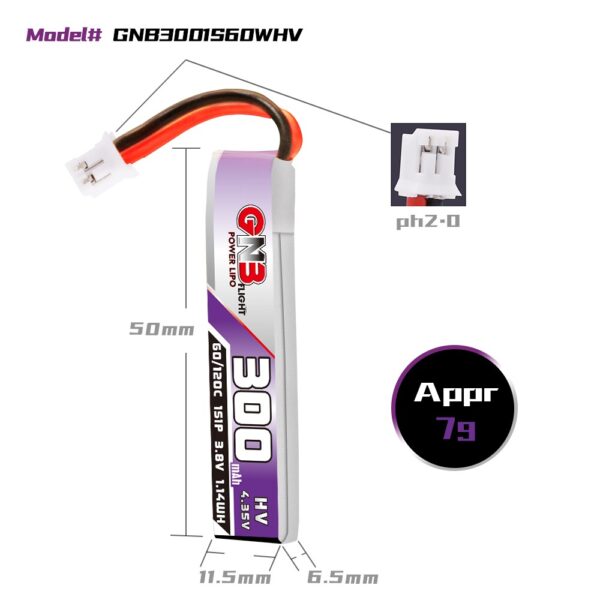 GNB Battery 3.8V 60C 300mAh 1S HV PH2 Cable Connector - dimensions