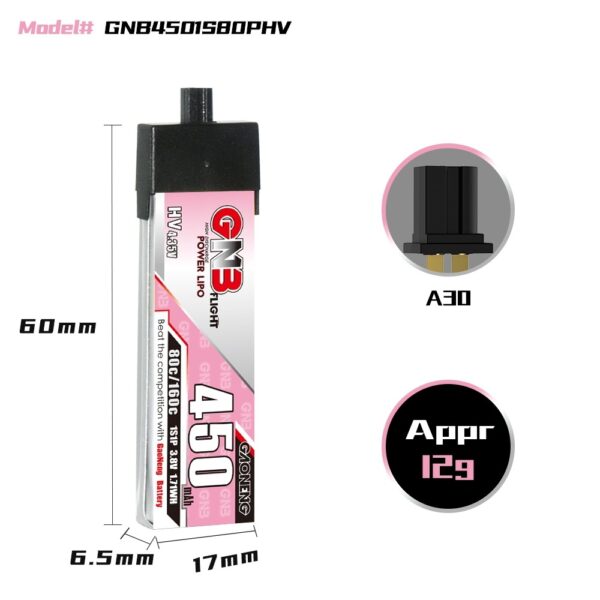 GNB Battery 3.8V 80C 450mAh 1S HV A30 Head Connector - dimensions